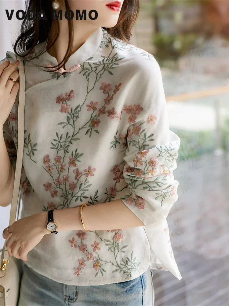 Estilo chino de alta calidad bordado de flores de manga larga otoño Tops de algodón y lino camisa elegante camisa de lino blusa Cheongsam