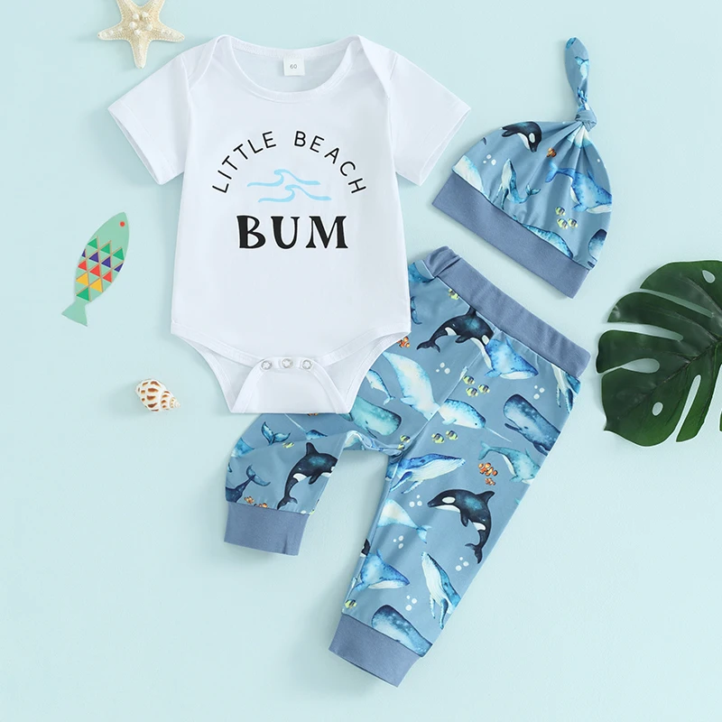 Summer Newborn Sets Infant Kid Baby Boys Clothes 3PCS Letter Short Sleeve Romper Tops+Whale Print Pants Hat 0-12M