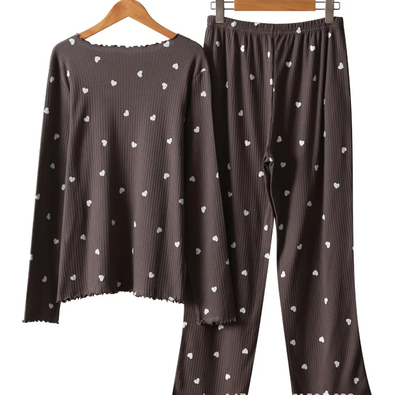 Kuzuwata Japanese Casual Home Wear Pajama Sets O Neck Heart Print Long Sleeve Top Sleepwear+high Waist Wide Leg Pant Underwear