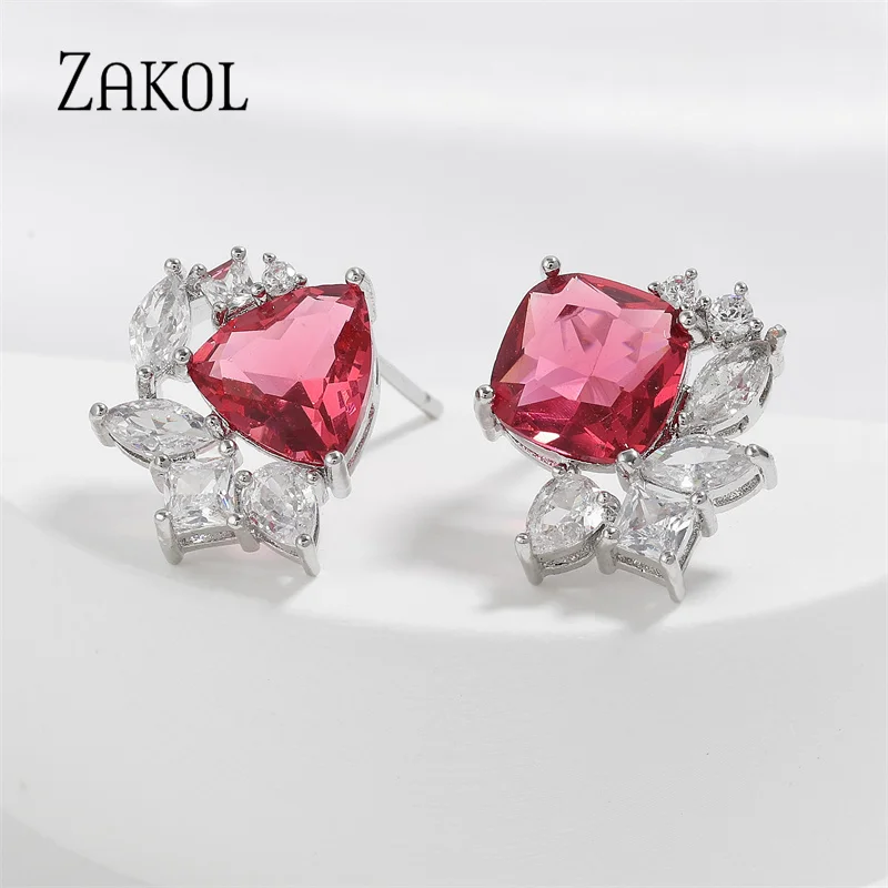 ZAKOL Fashion Geometric Red Zirconia Stud Earrings for Women Shiny CZ Flower Earring Bridal Wedding Party Jewelry