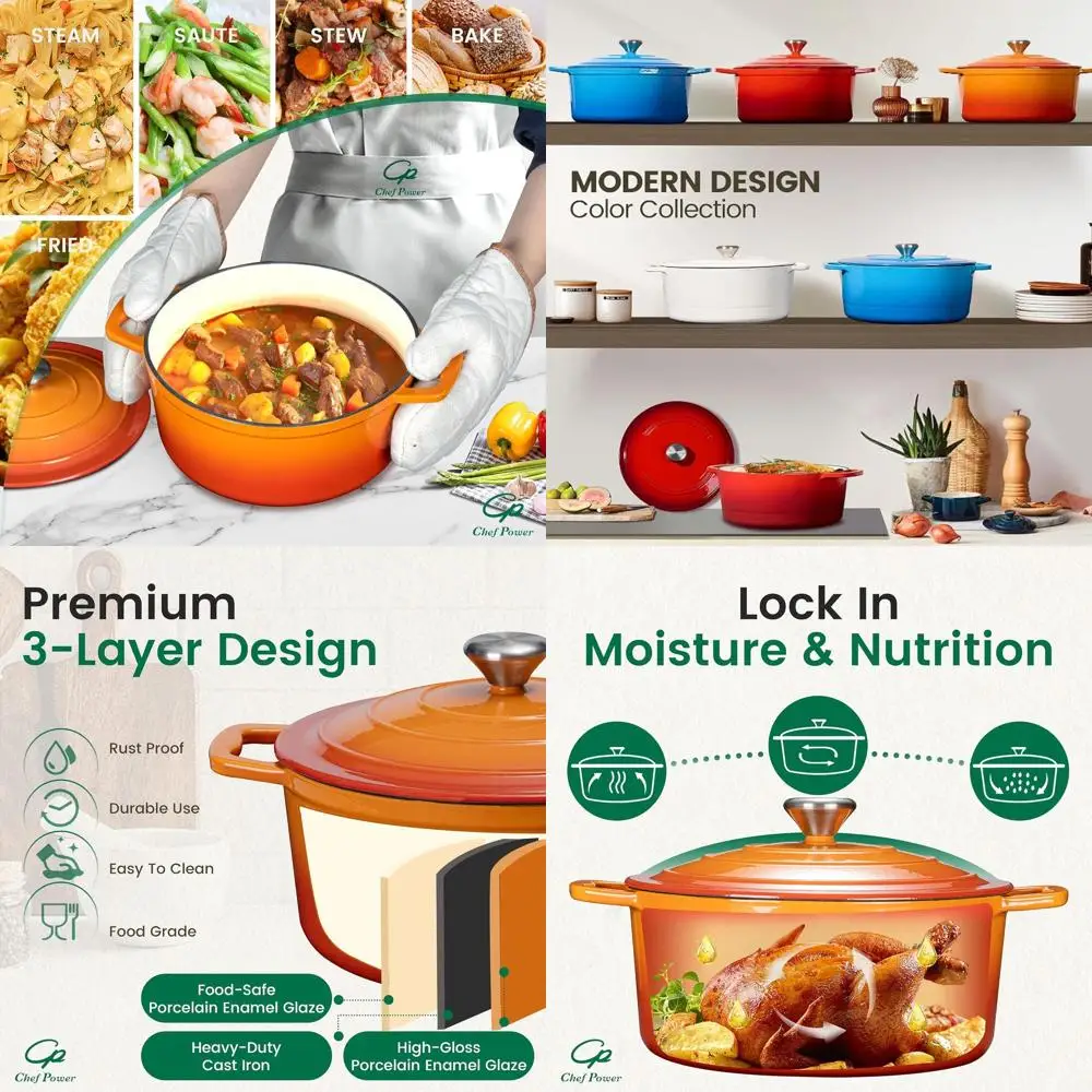 

5QT Enamel Cast Iron Dutch Oven, Ideal for Bread, Braising, Stews, and Roasting, Oven-Safe, Gradient Orange Finish