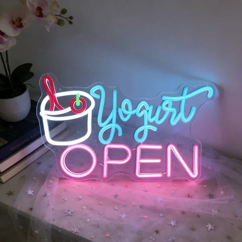 

Yogurt Open Neon Sign LED USB Night Light Aesthetic Wall Art Home Decor for Cafe Bakery Dessert Shop Store Window Display Party