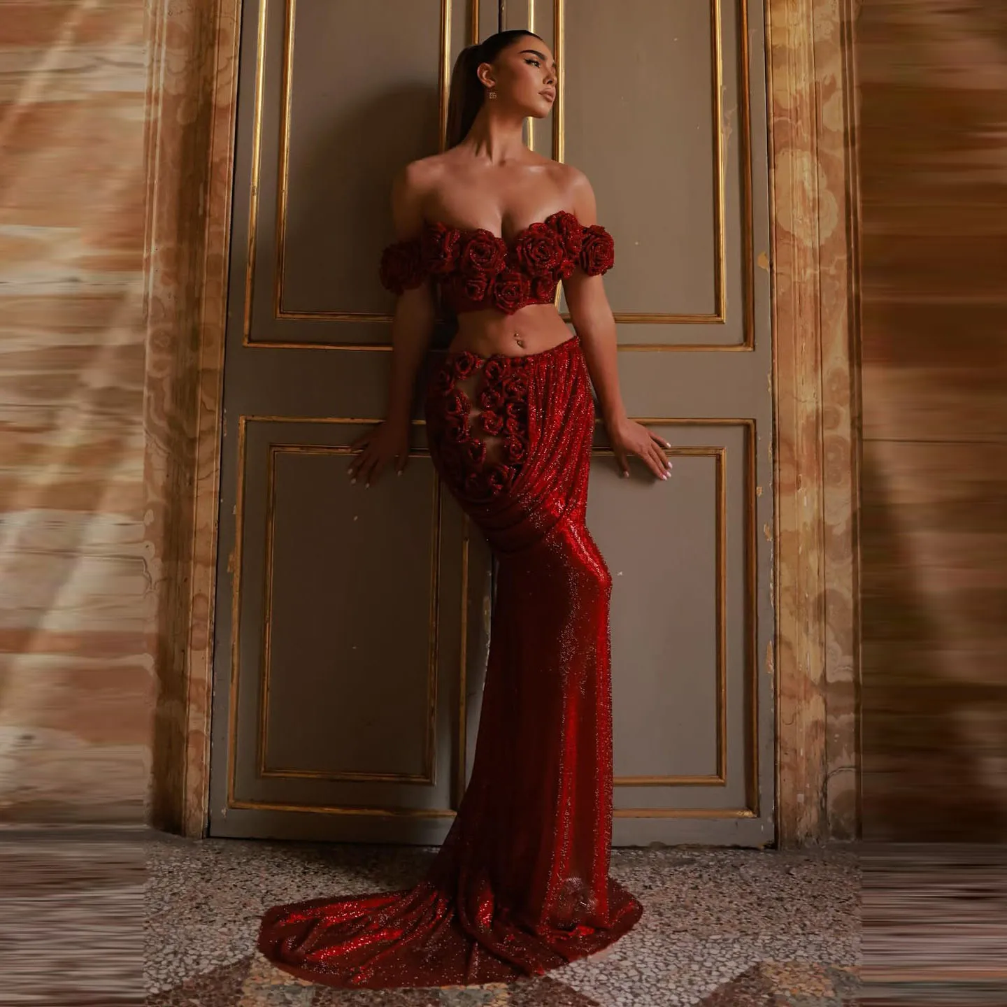 

Sexy Two Pieces Red Sequin Ball Gown Off Shoulder Floral Design Mermaid Evening Dress for Cocktail Party Prom Formal Wear