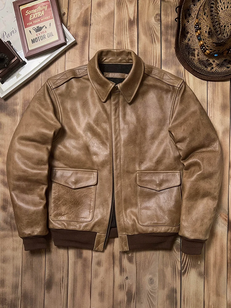 

Vintage Brown Winter Leather Jacket Men Military Style Plus Size 5XL Genuine Natural Cowhide Turn-Down Collar A2 Flight Coat