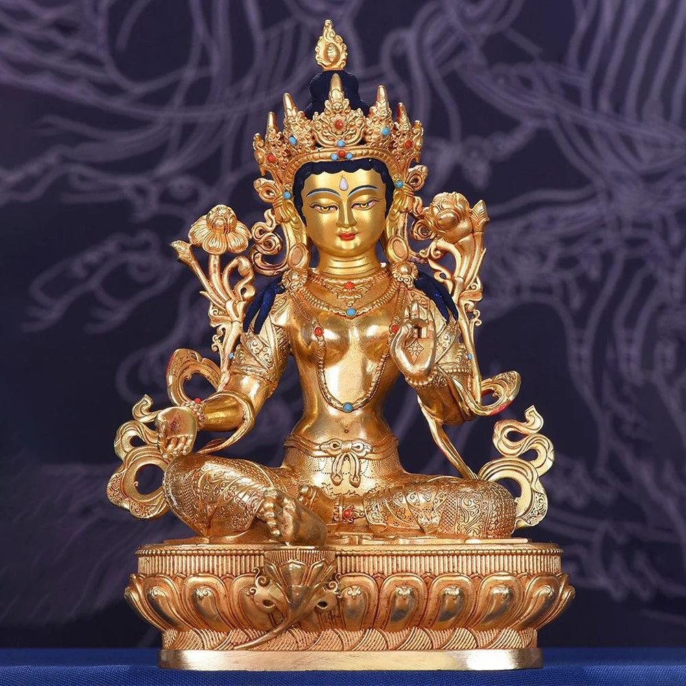 Small Gilded Green Tara Jambhala Avalokiteshvara Copper Statue, Painted Buddha Statue, Home Enshrined Deity Ornaments, 17cm