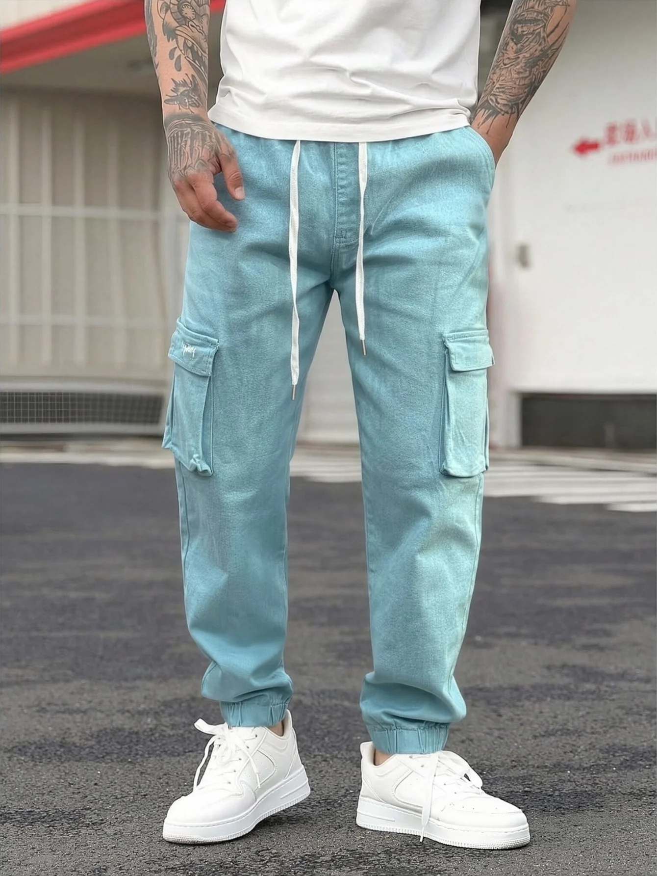 Denim overalls, elastic leggings jeans, universal in all seasons, street wear, convenient storage with multiple pockets,
