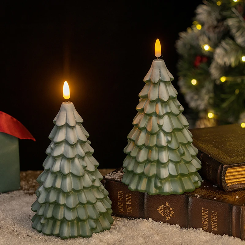 Christmas Tree Shaped LED Candles, Flameless Pillar Candles, Battery Operated LED Candle With 3D Flame Wick, Green Candles