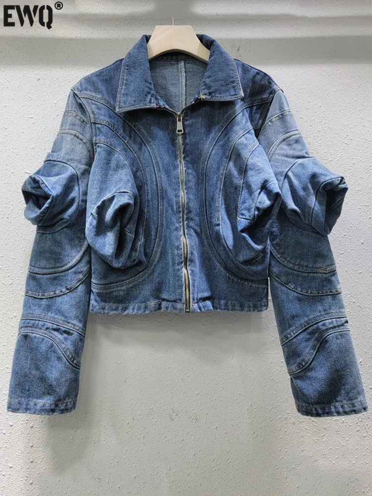 

[EWQ] Long Sleeve Ruffled Stitching Design Lapel Stereo Bubble Sleeve Design Blue Denim Coat Cowboy Jacket 2024 Autumn 16O1222