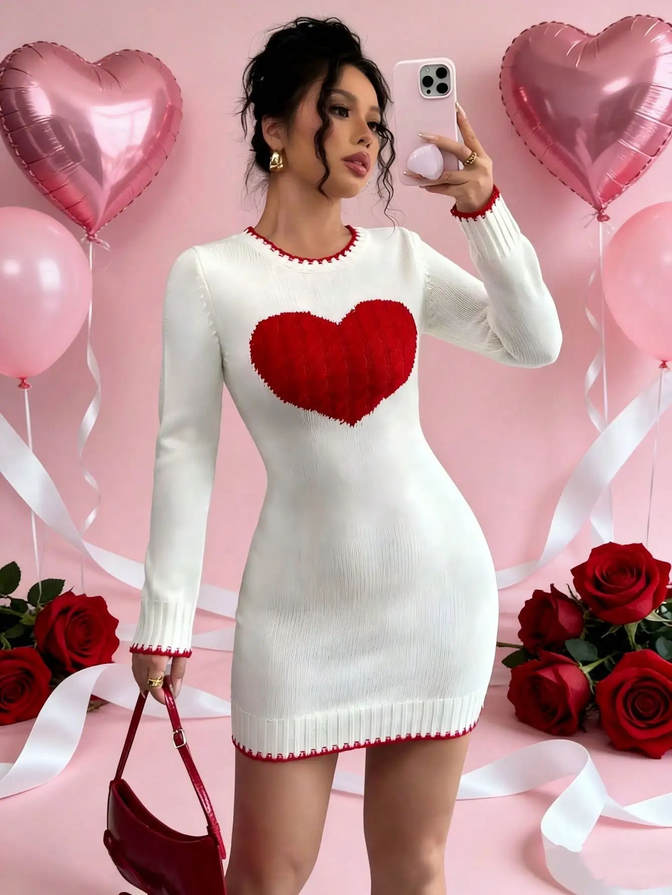 

White Knitted Heart Print Mini Dress with Red Trim for Valentine's Day