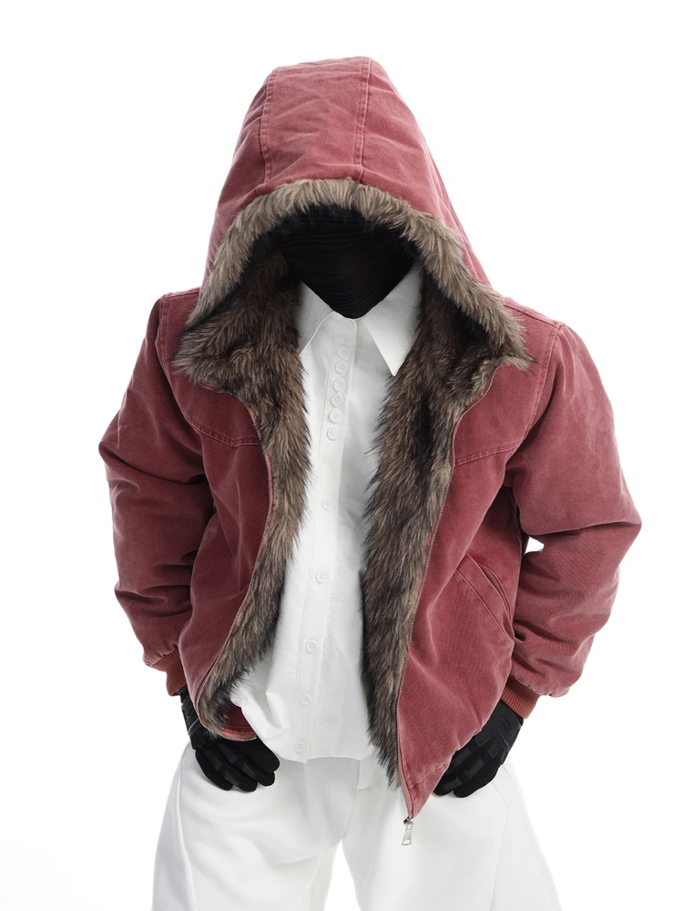 2025年メンズ冬新作 大きなフェイクファー襟付き 無地 厚手ジャケット ファッション 暖かい ゆったりシック パーカー フード付き ハンサムジャケット