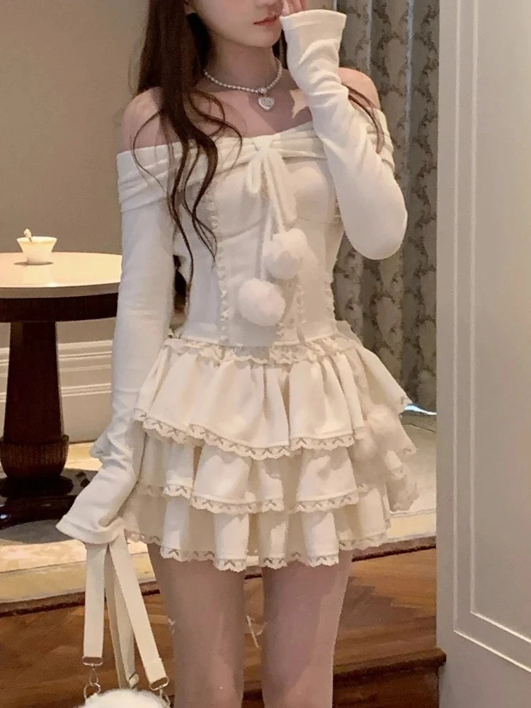 الكورية الحلو أنيقة 2 قطعة مجموعة المرأة خارج الكتف متماسكة أعلى تكدرت المتدرج تنورة الخريف الشتاء لطيف كريم لينة فتاة الزي