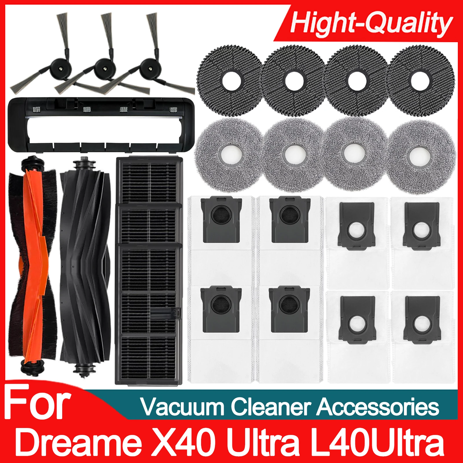 For Global Dreame X40,X40 Pro Ultra,X40 Pro,X40 Ultra,S30Pro Ultra Accessories Main Roller Side Brush,Hepa Filter,Dust Bag,Mops