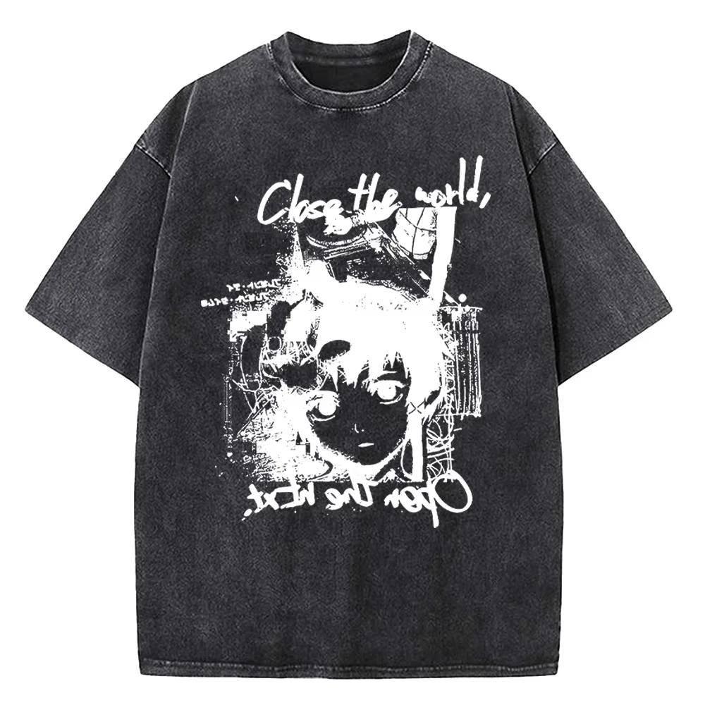 Premium Cotton Vintage Washed Tee With Serial Experiments Lain Anime Manga Print, Retro Japanese Streetwear For Daily Matching.