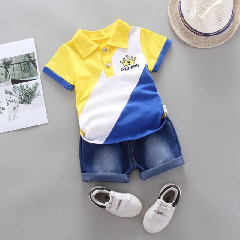 Summer Children Boys Short Sleeve Crown Patchwork Pattern T-shirt Blouse+Denim Shorts Casual Kids Outfits Set