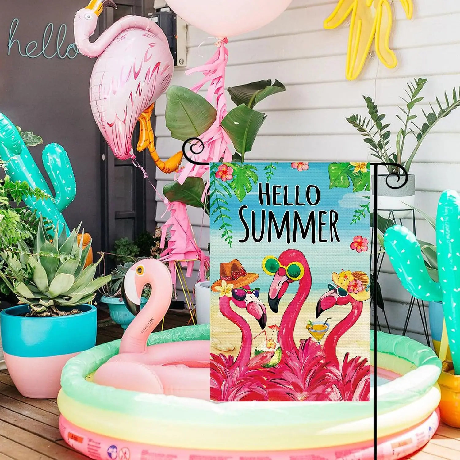 Hello Summer Flamingo Welcome Garden Flag Double Sided Flags | Hello Summer Flamingo Burlap 12x18 Inch Garden Flag, Ocean Be llp