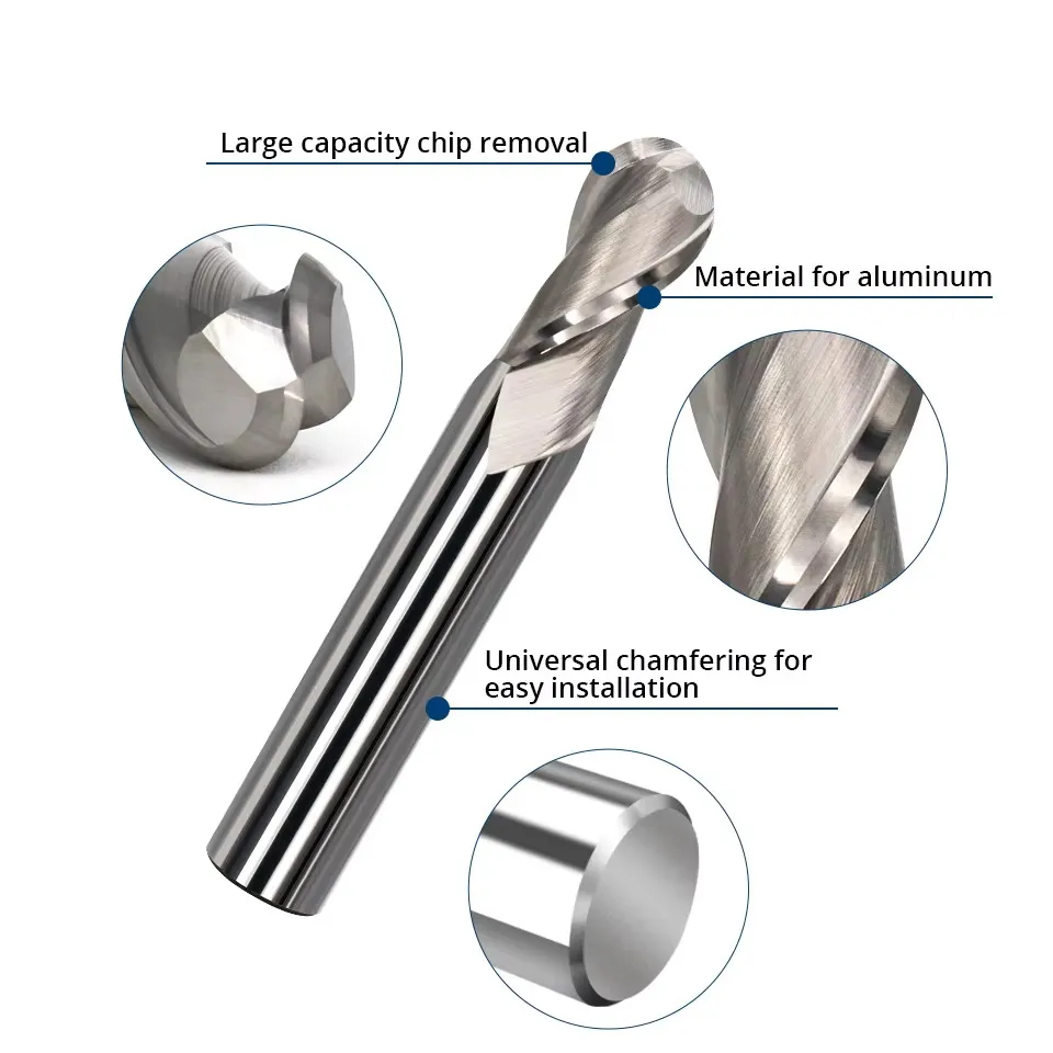 2 Flute Ball Nose Milling Cutter, HRC55 High Hardness Solid Carbide End Mill Router Bit for Aluminum CNC Profile & Arc Finishing