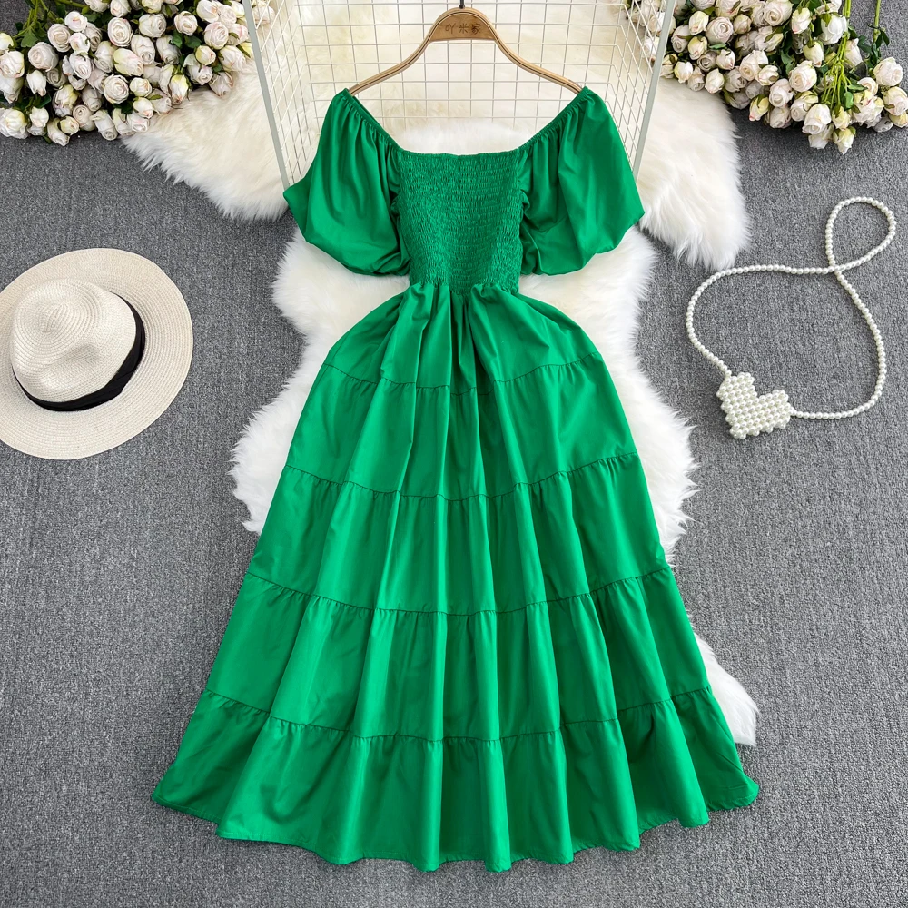 

Summer French Hepburn Style Bubble Short Sleeved Square Neck Waistband A-line Dress Seaside Vacation Swing Long Dress