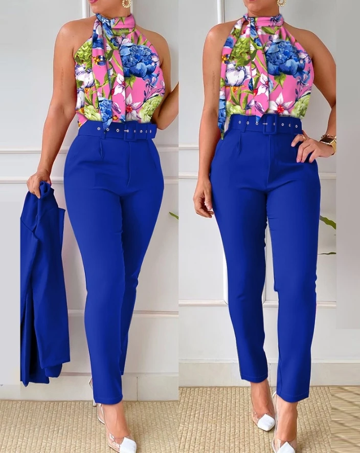 Two Piece Set Women Outfit 2024 Summer Floral Print Tie Neck Sleeveless Tank Top & Casual High Waist Pants Set Without Coat