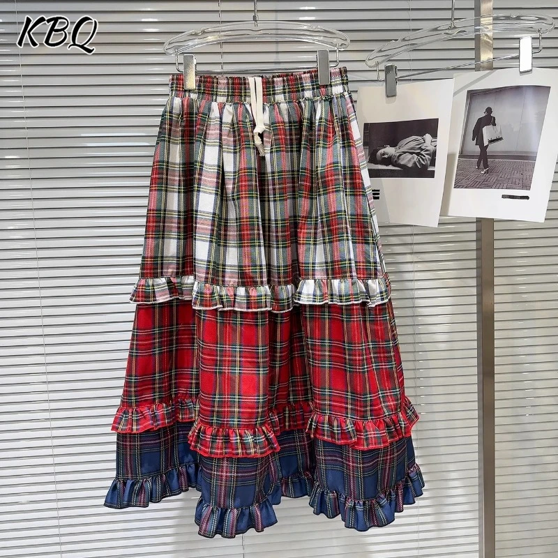 

KBQ Hit Color Vintage Plaid Hem Cake Long Skirt For Women High Waist Spliced Ruffles Temperament Skirt Female Fashion Style New