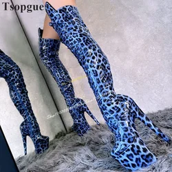 Piattaforma sopra il ginocchio stivali con stampa leopardata blu scarpe da donna con tacco alto sottile cerniera laterale punta tonda 2024 Zapatos Sexy Para Mujere