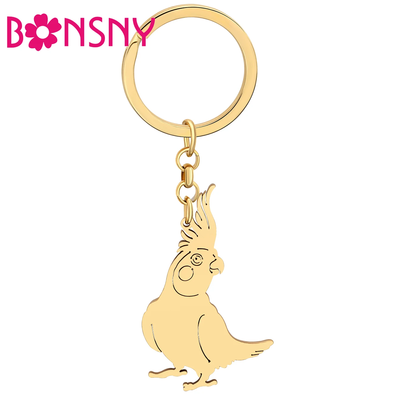 Bonsny Stainless Steel Sulphur-crested Cockatoo Keychains Tropical Rainforest Parrot Key Chain Backpack Wallet Keyring For Women