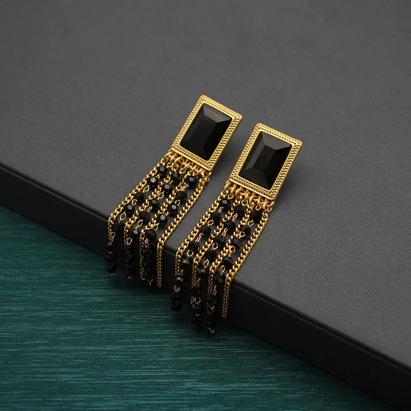 Black Crystal Tassel Earrings Square Gemstone Sweep Shoulder Earrings Handmade Retro Medieval 3
