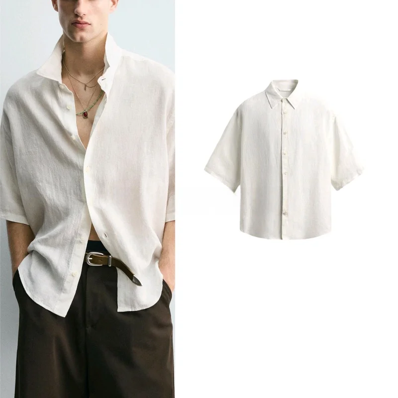 

Summer New Men's Minimalist Style Single Row Multi-Buckle Loose Fit Collar Short Sleeve Thin Shirt Polyester Fiber Cool Sensa...
