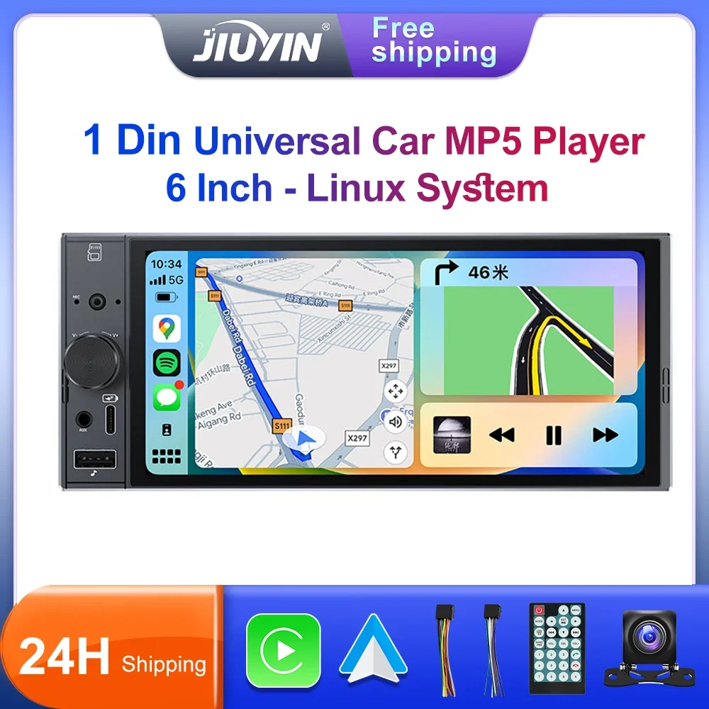

JIUYIN Linux 6 Inch Single DIN Car Radio Multimedia MP5 Player Wireless CarPlay Android Auto Bluetooth Stereo USB Charging
