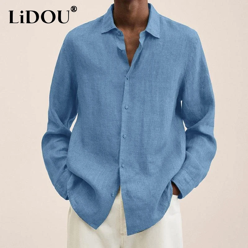 

2023 Spring Autumn New Solid Color Fashion Turn-down Collar Long Sleeve Shirt Man Vintage Simple Loose Button All-match Cardigan