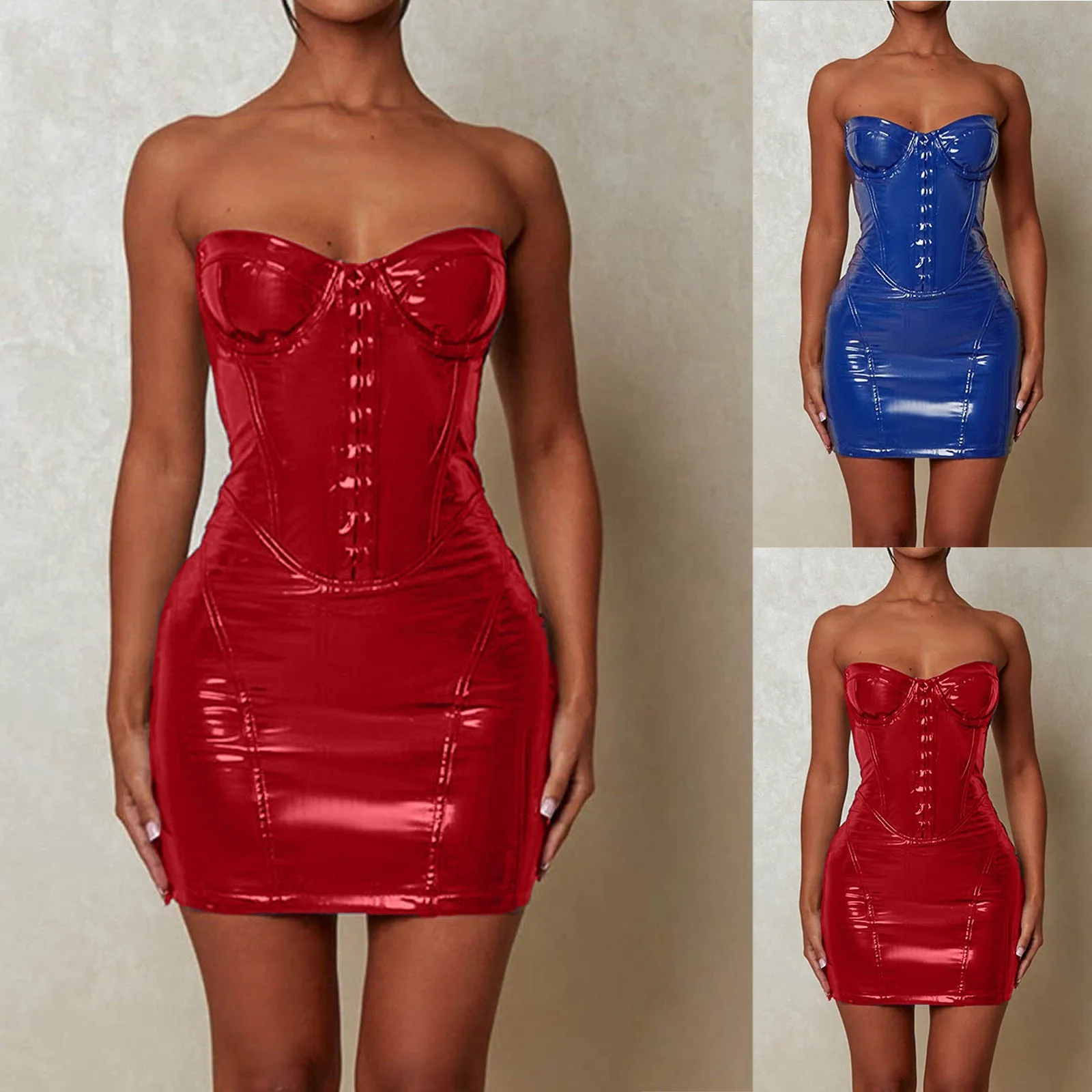 

Sexy Slim Tight Sleeveless Mini Dress Fashion Leather Strapless Package Hip Dresses Solid Colour Women's Party Night Club Dress