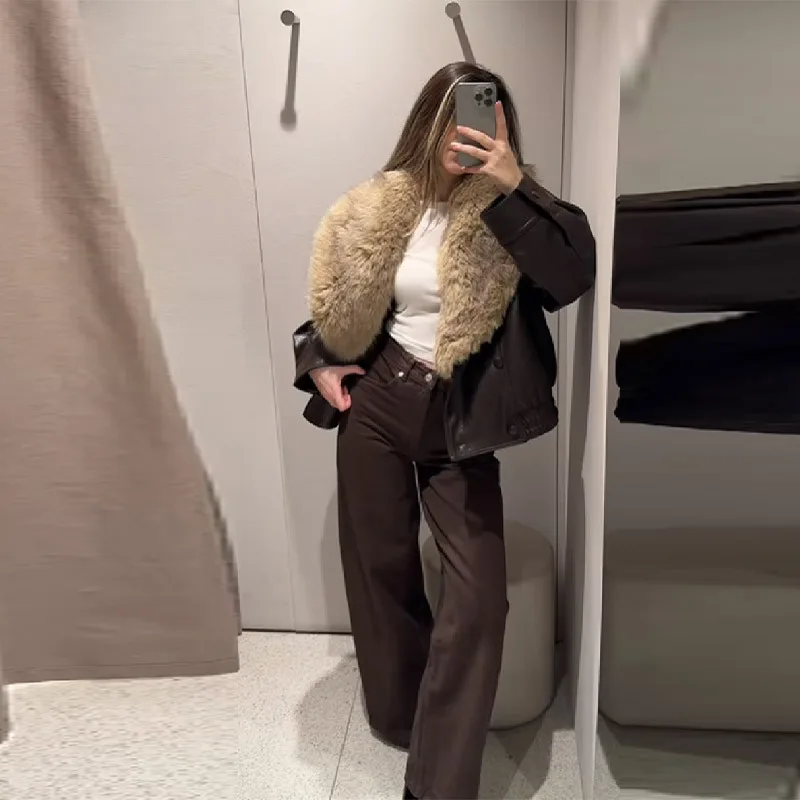 

new Women's Plush Leather Coats Fashion Vintage Fur Patchwork Thickened Warm New Coat Chic High-Street Female Outerwear