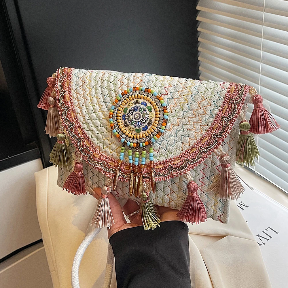 

Bohemian Style Tassel Woven Bag Women Summer Exquisite Straw Beach Bag Crossbody 2025 Retro Boho Square Envelope Messenger Bags