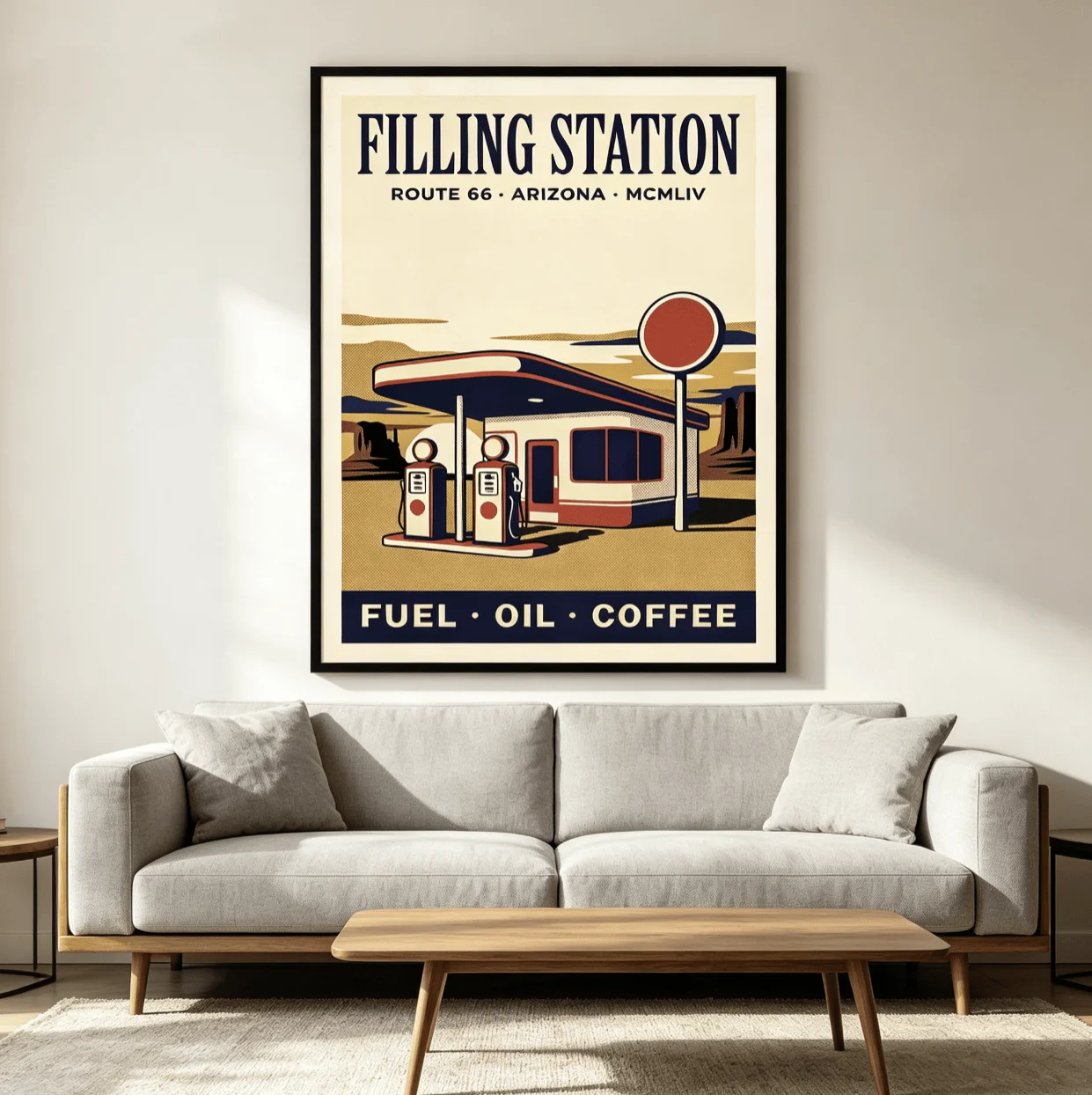 Route 66 Filling Station Vintage Wall Art Canvas Prints, Retro Highway Posters, Mid‑Century Decor for Living Room Study Decor