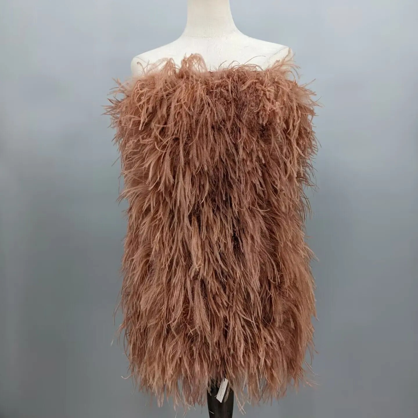 Women Coffee Brown Real Ostrich Feather 2 In 1 Strapless Tube Dress Convertible Midi Skirt Wedding Party Banquet Outfit 22A0627