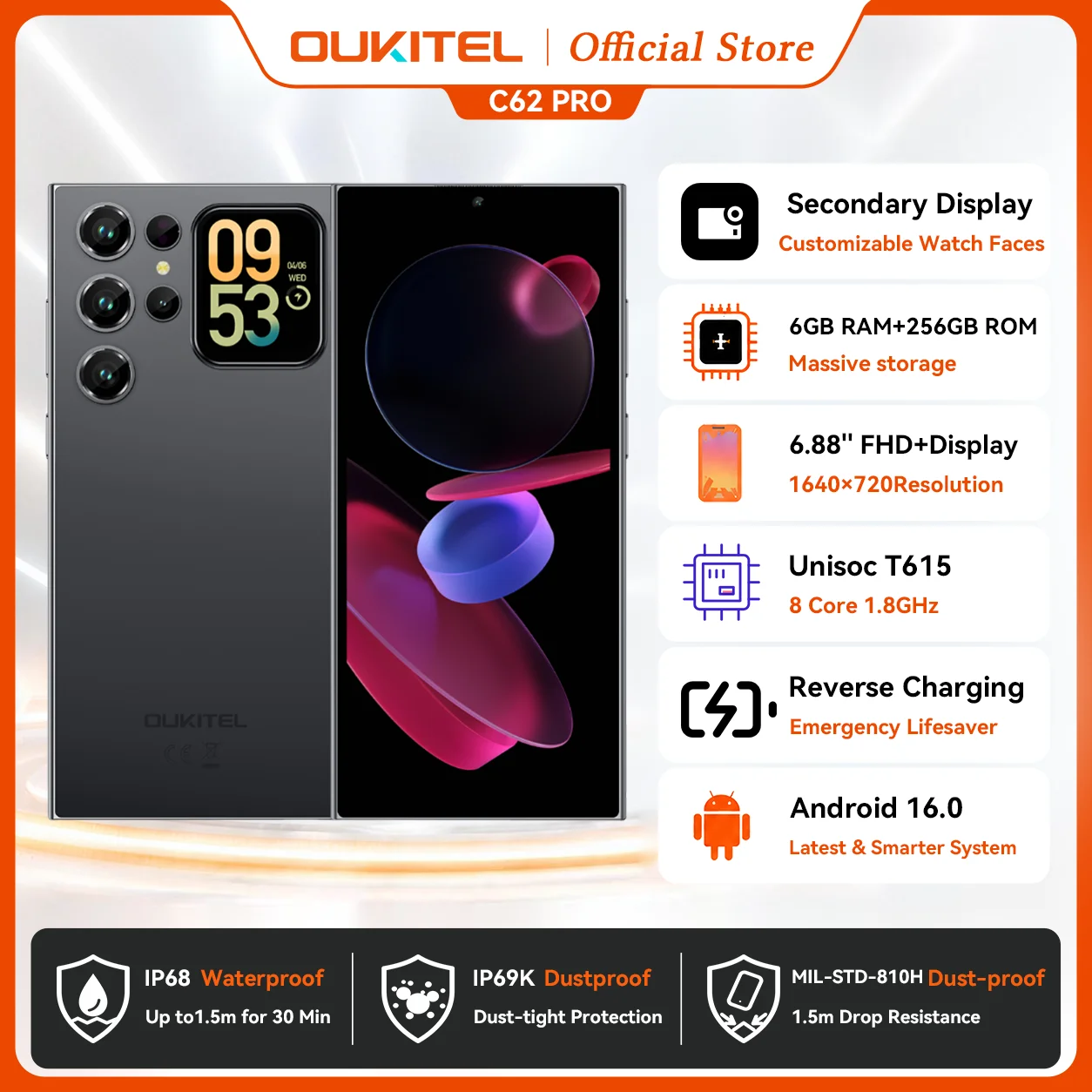 OUKITEL C62 Pro NFC Smartphone Android 15, 6.88