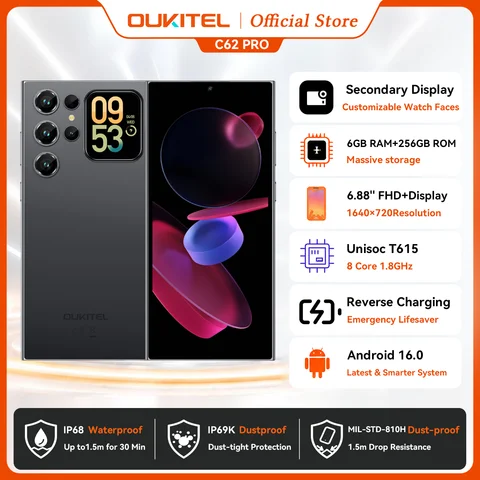 OUKITEL C62 Pro NFC Smartphone Android 15, 6.88" HD+ 1.81" Sub Screen Unisoc T615 Cell Phone, 24GB (6+18) + 256GB, 5150mAh