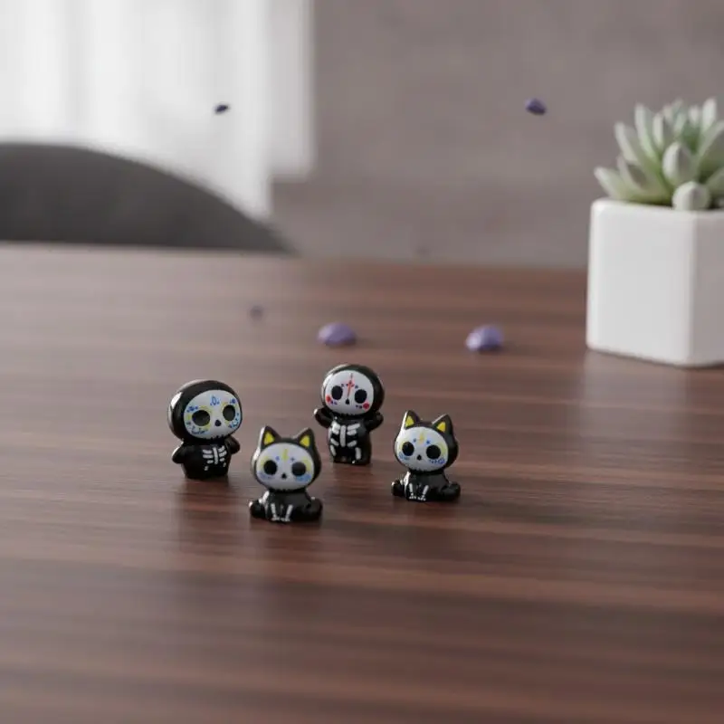 6Pcs Cute Mini Resin Sugar Skull Statues Adorable Cartoon Design For Halloween Decor Desktop Ornament DIY Craft Projects
