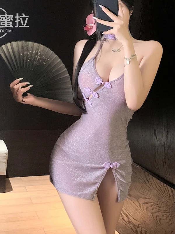 여성용 V넥 노출 가슴 사선 오픈 치파오, 에로틱 섹시 청순 욕망 원피스, 우아한 보라색 QYC7, 럭셔리 향수, 신상