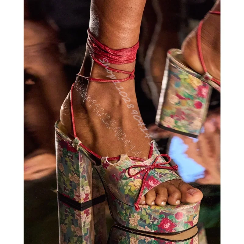 

Colorful Floral Print Bow Knot Platform Twine Sandals Lace Up Women Shoes Chunky High Heels Party Feast 2025 Zapatos Para Mujere