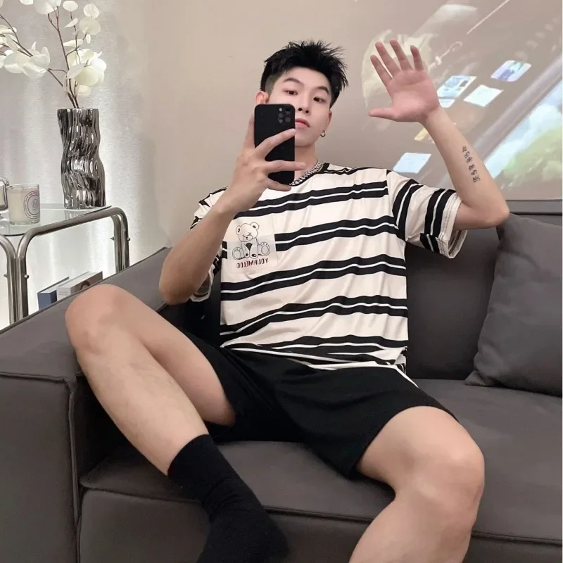 الرجال منامة الصيف قصيرة الأكمام السراويل في سن المراهقة موضة حجم كبير س الرقبة مخطط البلوز ملابس خاصة المتسكعون 2 قطعة مجموعة ملابس النوم