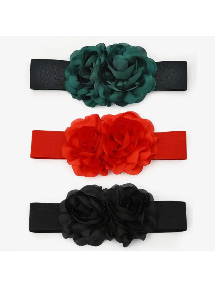 Ceinture élastique à fleurs rouges pour dames, décoration de taille, mode européenne et américaine, robe trempée, accessoires vestisenstissés, vert, 70x6cm