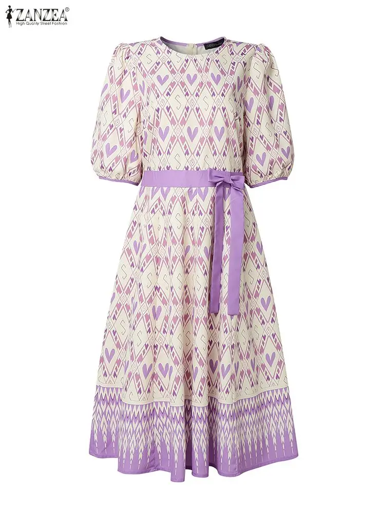 ZANZEA-vestidos de fiesta elegantes con estampado de corazón para mujer, vestidos de fiesta con cuello redondo, media manga abombada, cintura ajustada, detalle de lazo, vestido hasta la rodilla, S-3XL