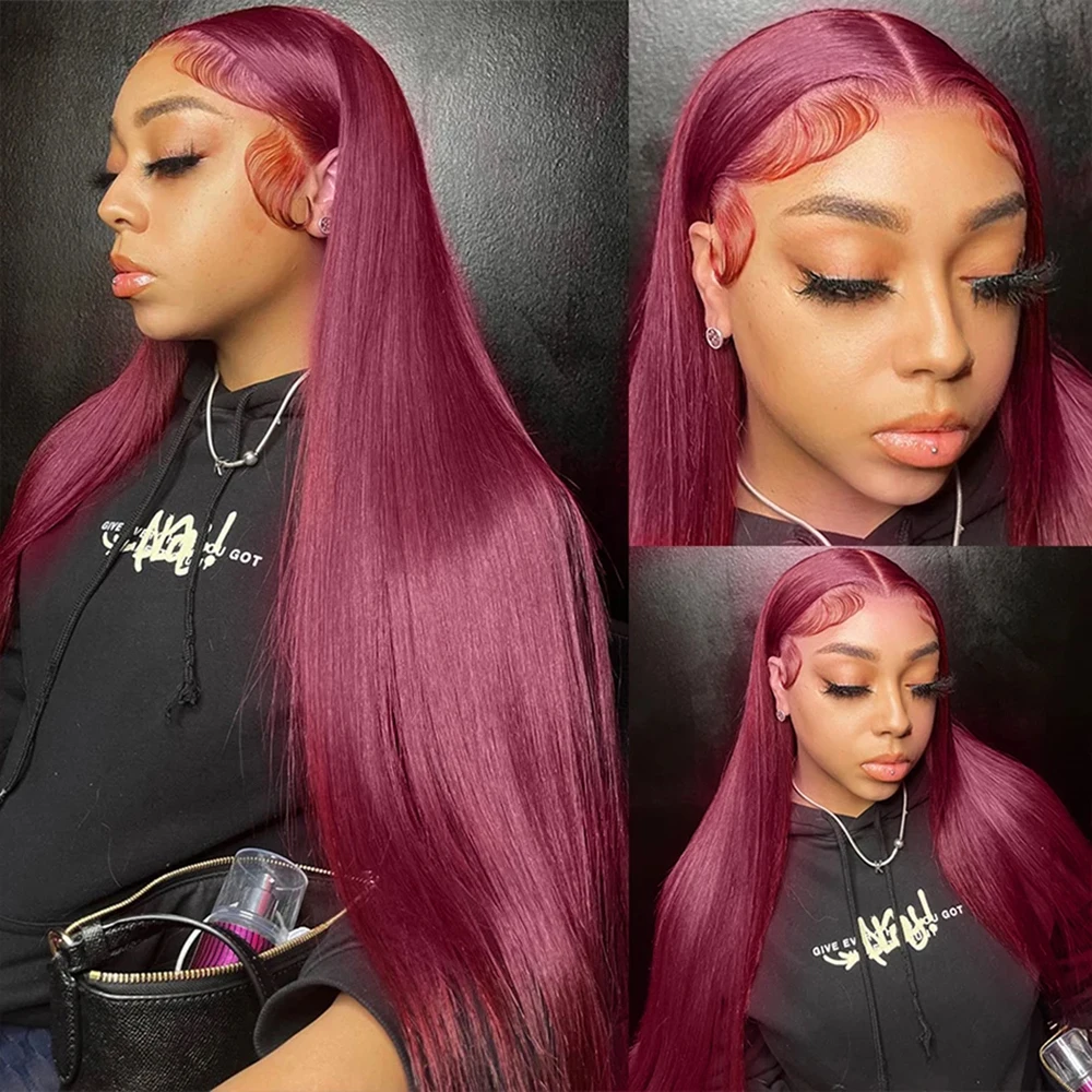 99j Red Colored Lace Front Human Hair Wigs 13x4 Burgundy HD Transparent Pre Plucked Lace Frontal Human Hair Wigs 180% Density