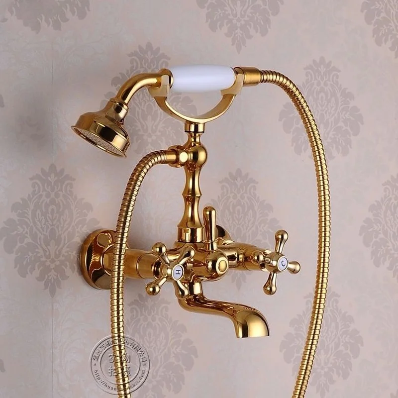 

HJ-5011K Shower Set With Telephone Type Hand Held Shower Head Luxury Gold Brass Wall Mount Bathtub Faucet