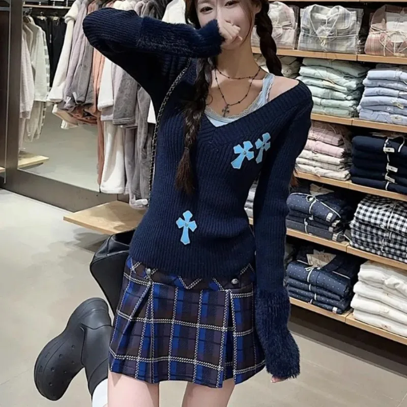 

Japan College Style Sweet Knit 3 Piece Sets Women V Neck Slim Sweater + Solid Vest + Plaid Skirt New Fashion Knitted Chic Suits