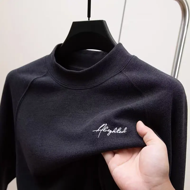 

Thiened Long Sve Men's T-irt Stand Fit Embroidered Base Layer irt f High Collar Sweatirt for Autumn Winter