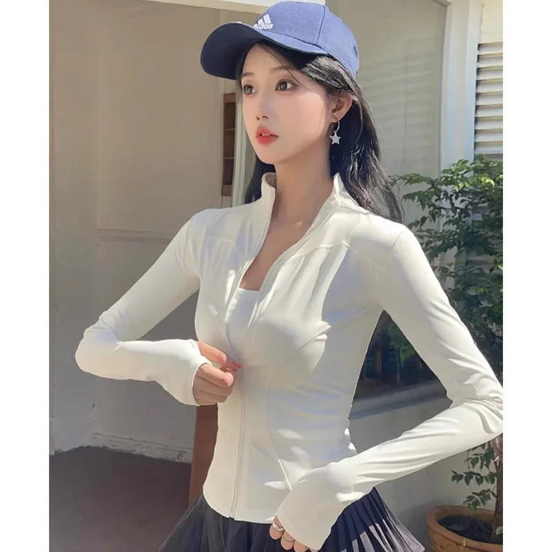 New Yoga Shirts Long Sleeve Sport Top with Zipper Solid Slim Elastic Running Blouse for Women Gym Athletic Tee Sportswear 2024