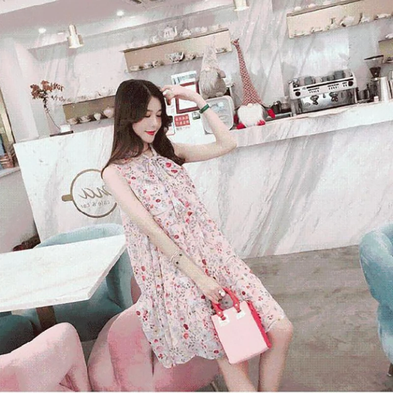 Fashion V-Neck Lace Up Bow Printed Sweet Sleeveless Dress Female Clothing 2024 Summer New Loose Korean Chiffon Floral Dress