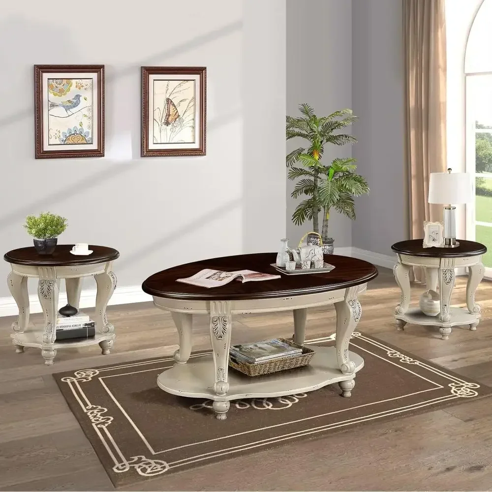 

3-Piece Coffee Table Set with Two Side Tables - Antique White and Cherry Top