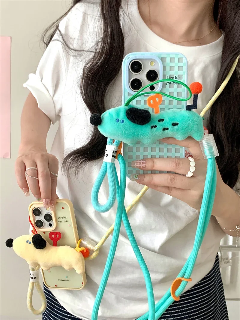 

Korea Three-dimensional dogs Phone Case For iPhone 15 Pro 12 13 14 Pro Max Cute Oblique span Chain Shockproof Cover Women Kawaii